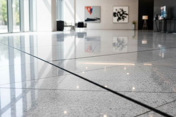 Movement joint dividing a large tiled commercial floor into separate fields