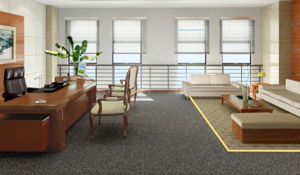 Commercial office flooring with carpet transition strips