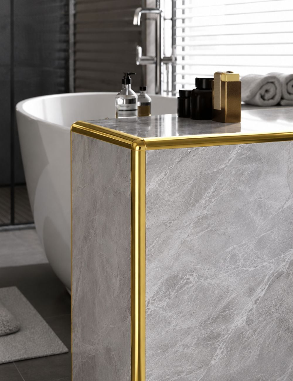 Gold-tone edging reference on a tiled panel beside a bathtub