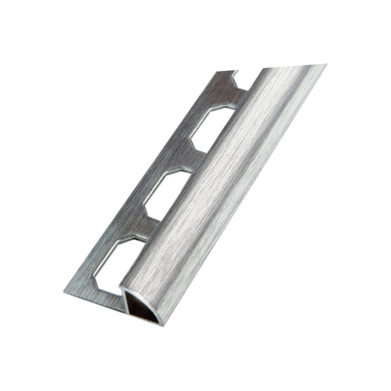 Silver round-edge tile trim with a perforated anchoring flange