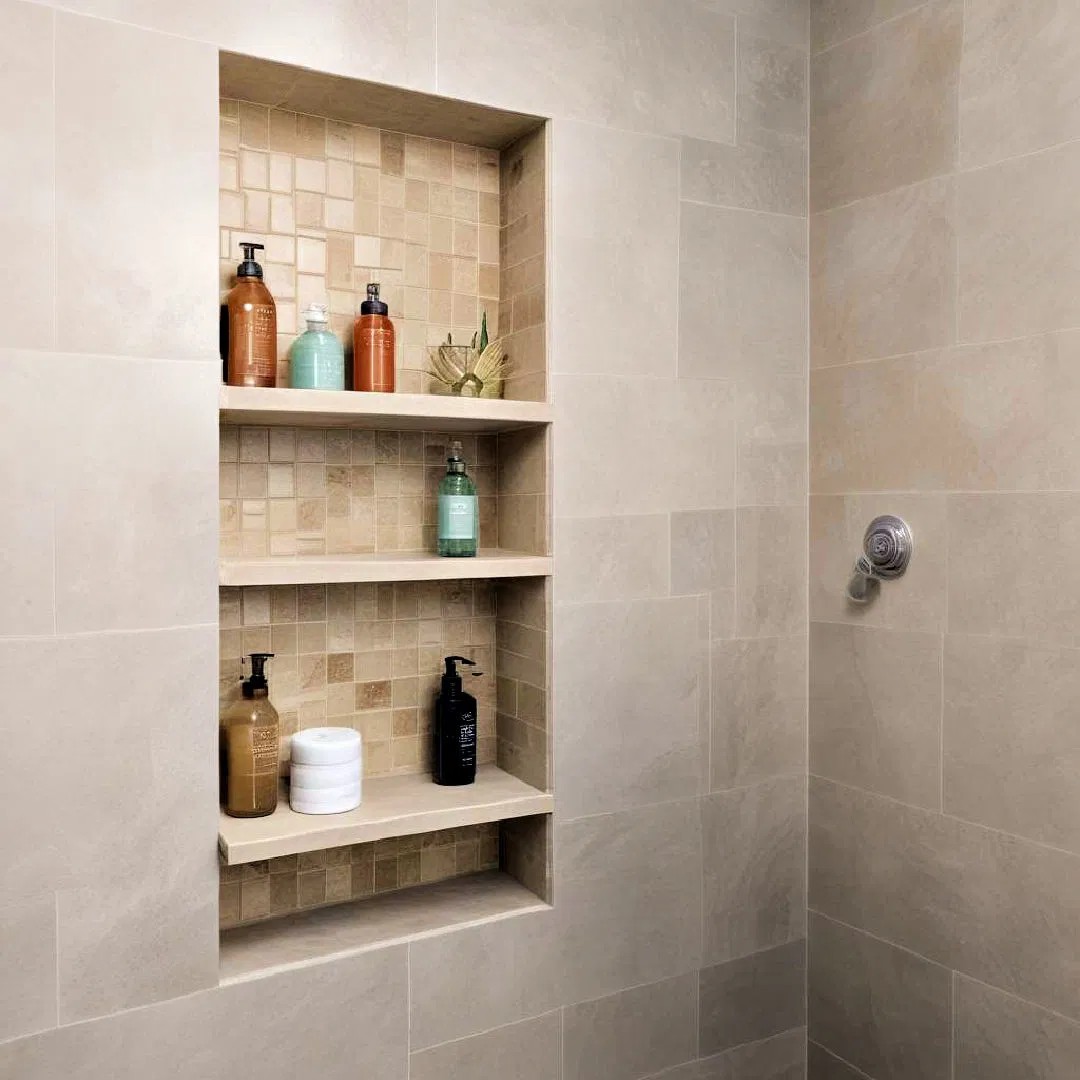 Tiled shower niche — a typical bathroom application for PVC tile trim